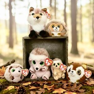6 pc MNWT TY Beanie Babies Bellies Puffies Plush Animal Bundle Fox Hedgehog More